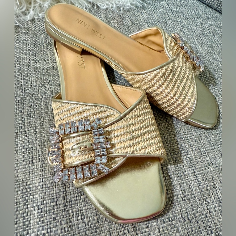 Nine West Laniey Embellish Gold Flat Slide Sandals Sz 8M